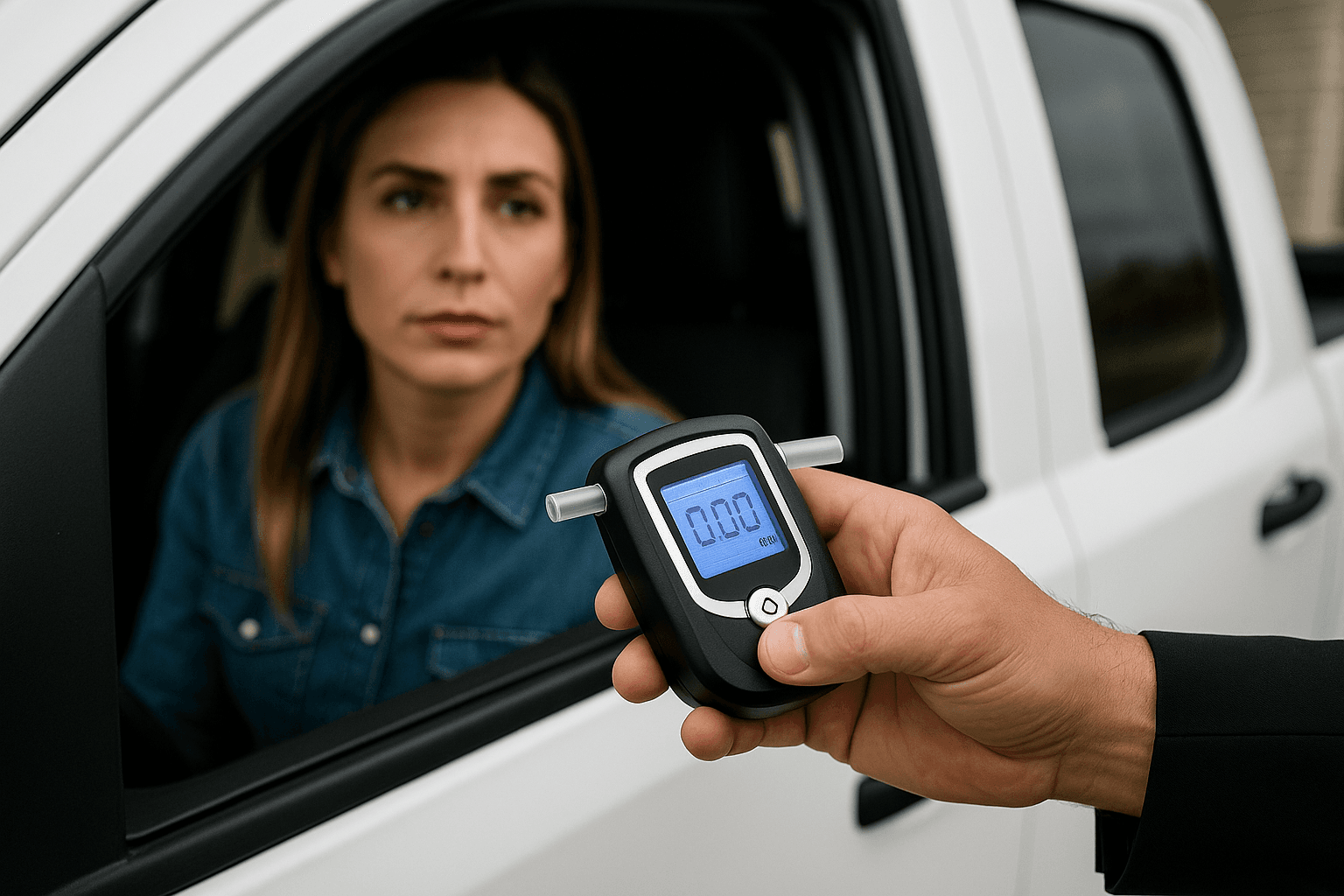 Officer holding breathalyzer showing 0.00 reading with female driver in white car during sobriety test