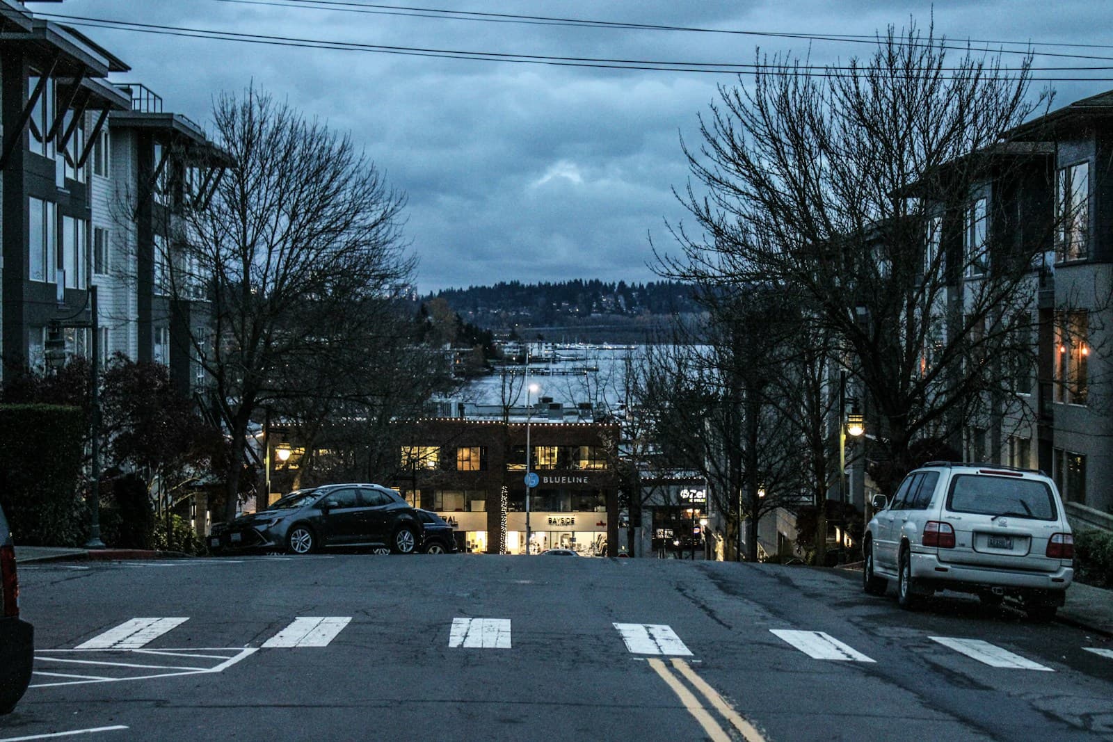 Twilight view of residential street with apartment buildings, bare trees, and harbor visible in distance
