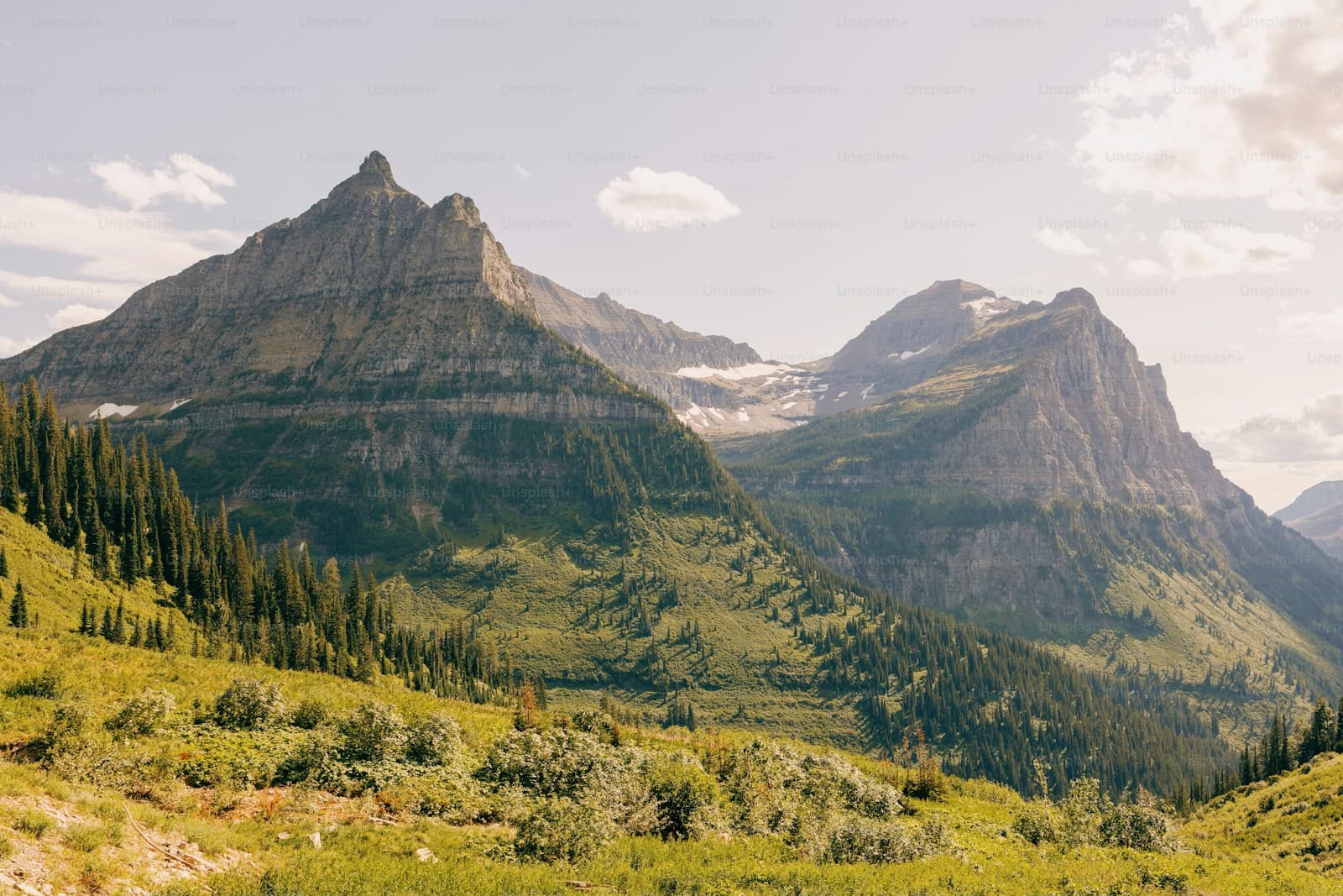 Dramatic mountain landscape with layered rock peaks, green valley, and evergreen trees under cloudy sky