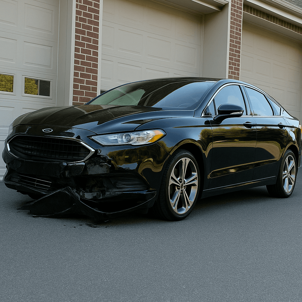 Black Ford Fusion sedan parked in driveway in front of brick house with white garage doors