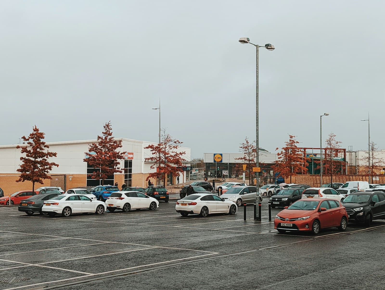 Parking lot with cars and autumn trees with red foliage, commercial buildings in background