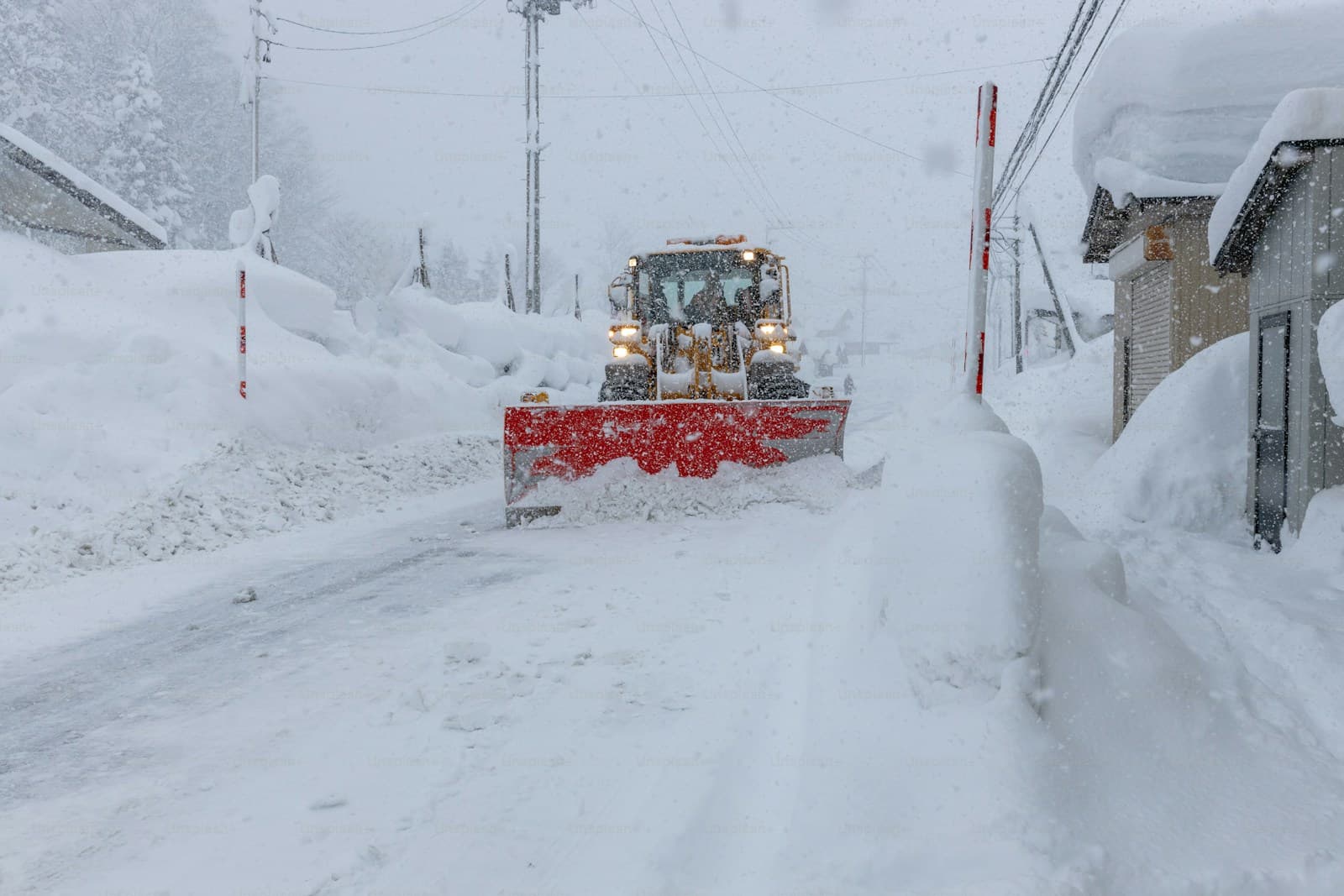 Snow plow with a red blade clearing a narrow road between high snow banks
