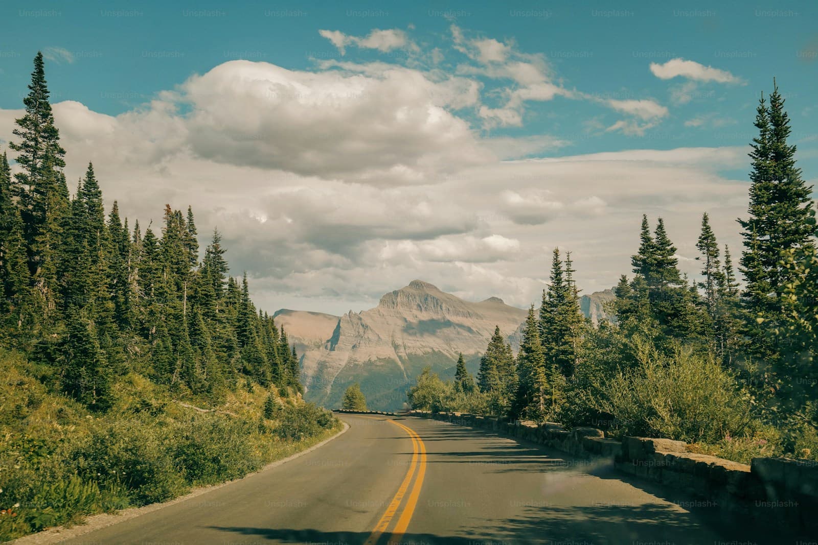 Mountain highway winding through evergreen forest with snow-capped peaks in background under cloudy sky