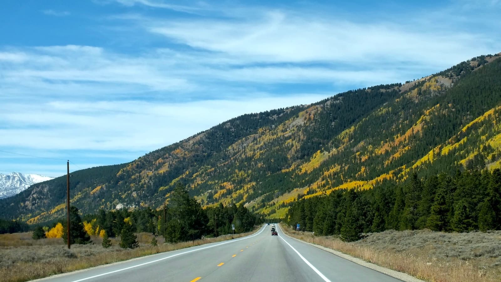 Highway road winding through autumn mountains with golden fall foliage and evergreen trees