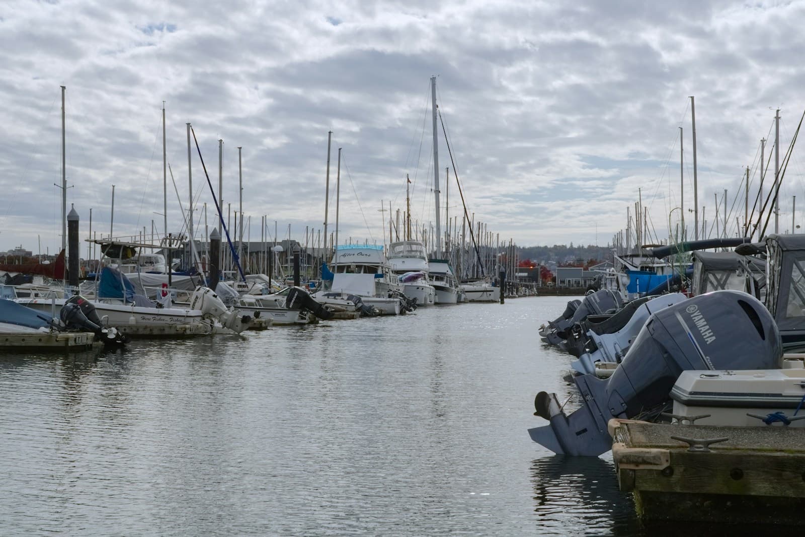 Marina with sailboats and motor boats docked under cloudy sky, calm water reflecting the vessels
