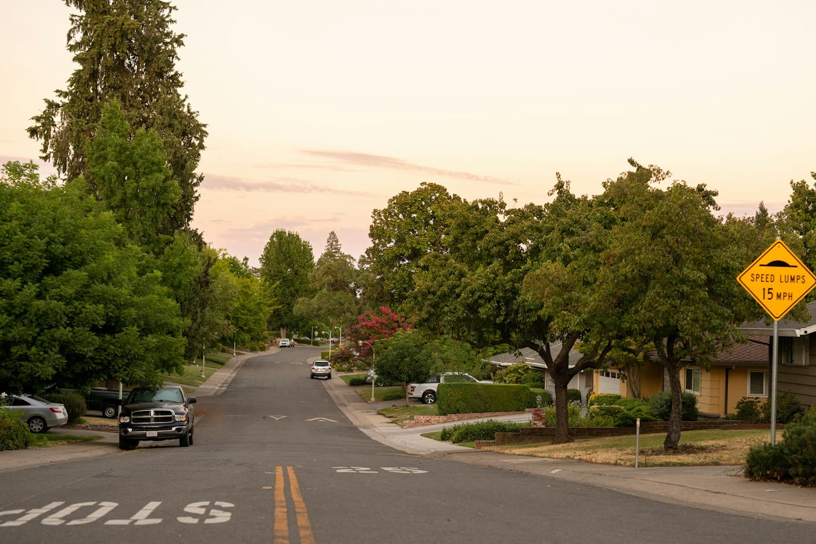 Suburban residential street at dusk with trees, parked cars, houses, and yellow traffic sign
