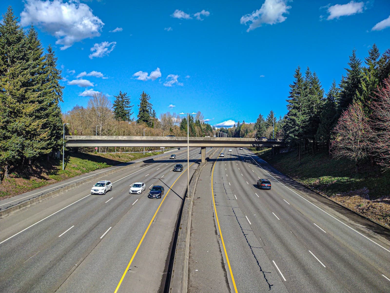 Multi-lane highway with cars driving through forested area under blue sky with white clouds and overpass bridge